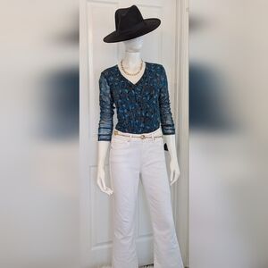 Alfani Teal Floral Long Sleeve Top Sheer Corrugated Sleeve V Neck Small